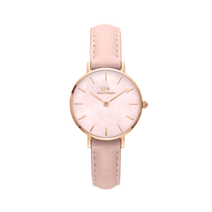 Petite Rouge Pink MoP Rose Gold ladies watch featuring a shimmering pink mother of pearl dial, rose gold case, minimalist markers, and a soft pink croc-pattern genuine leather strap.
