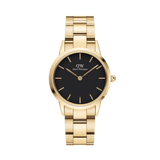 Daniel Wellington Iconic Link Black Gold watch featuring a minimalist black dial, slim gold hour markers, and a polished gold stainless steel link bracelet.