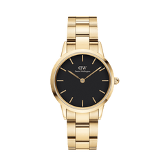 Daniel Wellington Iconic Link Black Gold watch featuring a minimalist black dial, slim gold hour markers, and a polished gold stainless steel link bracelet.