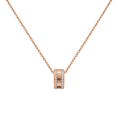 Rose gold Elan Lumine Necklace with a round pendant featuring crystal-lined edges and engraved detailing, suspended on a fine adjustable chain for a sophisticated finish.