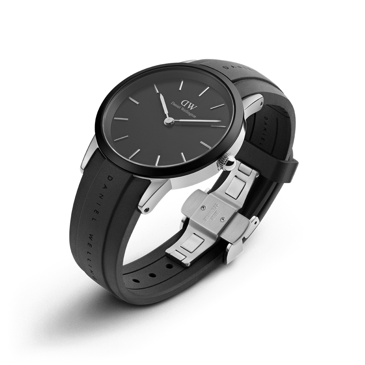 Iconic Motion Silver watch by Daniel Wellington with a minimalist black dial, silver stainless steel case, and a robust black FKM rubber strap featuring an adjustable clasp, ideal for both active and professional settings.