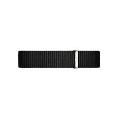 Black NATO watch strap with a silver buckle, designed for the Petite Cornwall Black Silver, offering a comfortable and adjustable fit for smaller wrists.