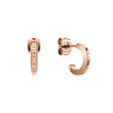 A pair of Daniel Wellington Elan Earrings in rose gold, featuring a petite huggie design with a subtle engraved logo and a smooth, polished finish, shown from both front and side angles.