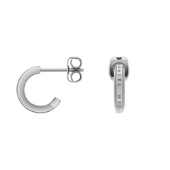 Elan Earrings Silver shown from side and front angles, featuring a petite huggie-style hoop in polished stainless steel with the Daniel Wellington logo engraved along the outer edge.