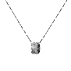 Silver necklace featuring a delicate chain and a round pendant set with sparkling crystals, showcasing a polished finish and minimalist design.