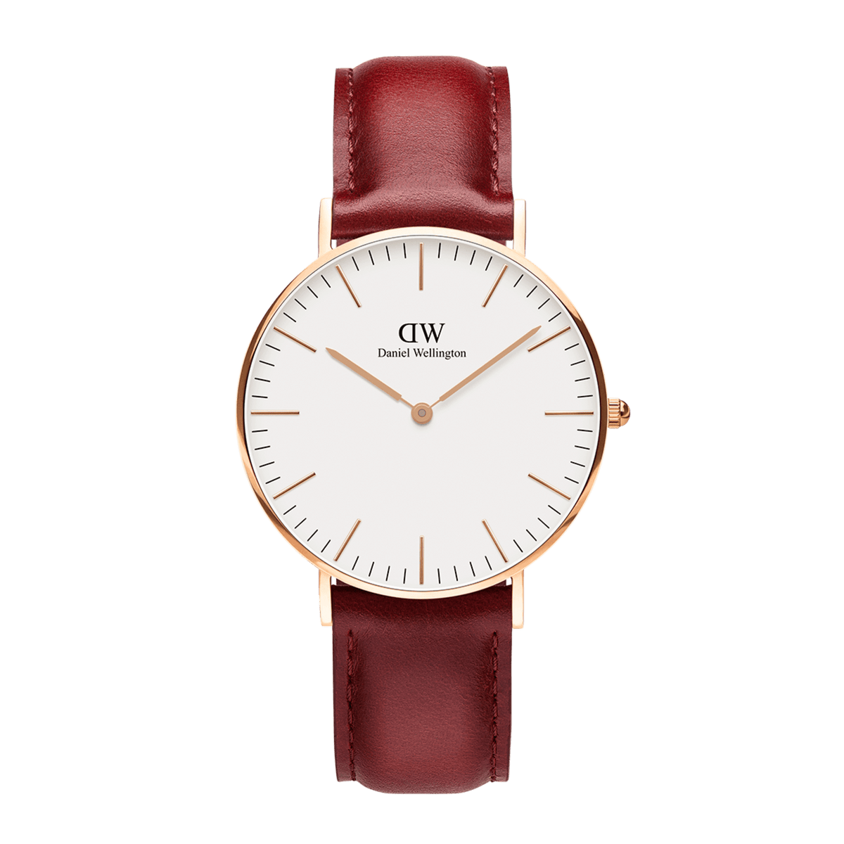 Classic Suffolk Rose Gold watch with a slim rose gold case, minimalist eggshell white dial, and a rustic red genuine leather strap, designed for versatile everyday wear.