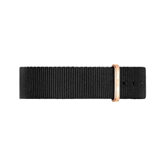 Cornwall Strap Rose Gold features a black NATO-style polyester watch strap with a rose gold buckle, designed for a sleek and modern update to your timepiece.