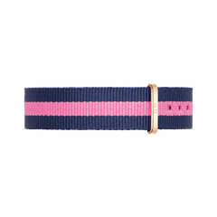 Winchester Strap Rose Gold features a navy and pink striped 18mm NATO watch strap with a rose gold buckle, crafted from durable polyester for a comfortable and stylish upgrade.