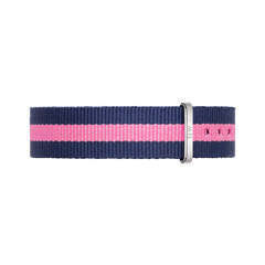 Navy blue and pink striped 18mm NATO style watch strap with a polished silver buckle, made from durable polyester fabric.