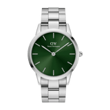 Iconic Link Emerald Green Silver watch featuring a vibrant emerald green dial, minimalist hour markers, and a polished stainless steel link bracelet, designed for versatile daily wear.