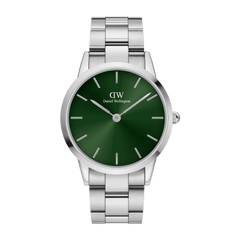 Iconic Link Emerald Green Silver watch featuring a vibrant emerald green dial, minimalist hour markers, and a polished stainless steel link bracelet, designed for versatile daily wear.
