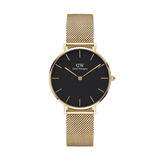 Daniel Wellington Petite Evergold Black gold watch featuring a slim gold mesh strap, minimalist black dial, and gold hour markers, ideal for women seeking a refined accessory for everyday wear.