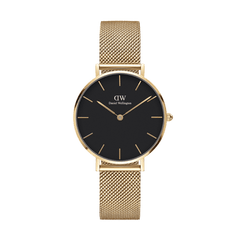 Daniel Wellington Petite Evergold Black gold watch featuring a slim gold mesh strap, minimalist black dial, and gold hour markers, ideal for women seeking a refined accessory for everyday wear.