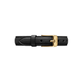 Pressed Sheffield Strap Gold featuring genuine black leather with a slim profile and a gold buckle, designed for smaller watch faces and offering a sophisticated, minimalist upgrade for Daniel Wellington watches.