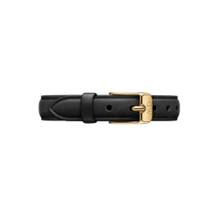 Pressed Sheffield Strap Gold featuring genuine black leather with a slim profile and a gold buckle, designed for smaller watch faces and offering a sophisticated, minimalist upgrade for Daniel Wellington watches.