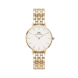 Petite 5-Link Evergold ladies watch with a slim gold PVD-plated stainless steel bracelet, minimalist white dial, and gold hour markers, designed for everyday elegance and comfortable wear.