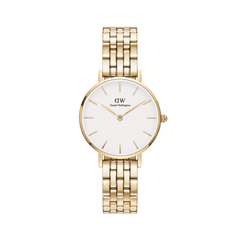 Petite 5-Link Evergold ladies watch with a slim gold PVD-plated stainless steel bracelet, minimalist white dial, and gold hour markers, designed for everyday elegance and comfortable wear.