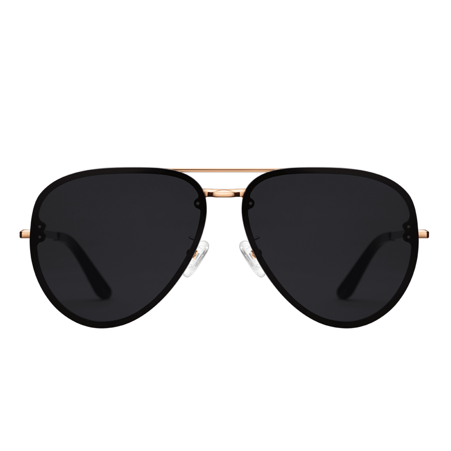 Avion Steel Rose Gold sunglasses with a classic aviator shape, featuring a lightweight rose gold plated stainless steel frame and dark UV400 protective lenses, shown from the front against a plain background.