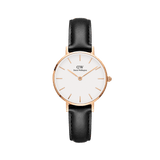 Petite Sheffield Rose Gold ladies watch featuring a rose gold stainless steel case, minimalist white dial, and a genuine black leather strap with rose gold detailing.