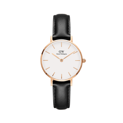 Petite Sheffield Rose Gold ladies watch featuring a rose gold stainless steel case, minimalist white dial, and a genuine black leather strap with rose gold detailing.