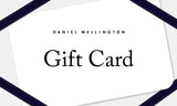 Daniel Wellington Gift Card with a minimalist white design, bold black lettering, and navy blue ribbon accents, presented at an angle for a stylish and elegant look.