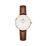 Petite St Mawes Gold showcases a slim gold-plated case, minimalist white dial, and a genuine brown leather strap, offering a classic and elegant gold watch for women.