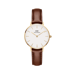 Petite St Mawes Gold showcases a slim gold-plated case, minimalist white dial, and a genuine brown leather strap, offering a classic and elegant gold watch for women.