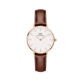 Petite St Mawes women’s watch featuring a rose gold-plated case, minimalist white dial, and slim brown genuine leather strap, designed for a comfortable and elegant fit on petite wrists.