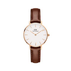 Petite St Mawes women’s watch featuring a rose gold-plated case, minimalist white dial, and slim brown genuine leather strap, designed for a comfortable and elegant fit on petite wrists.