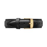Sheffield Strap Gold in black genuine leather with a smooth finish, neat stitching, and a polished gold buckle, shown from the front to highlight its refined and minimalist design.