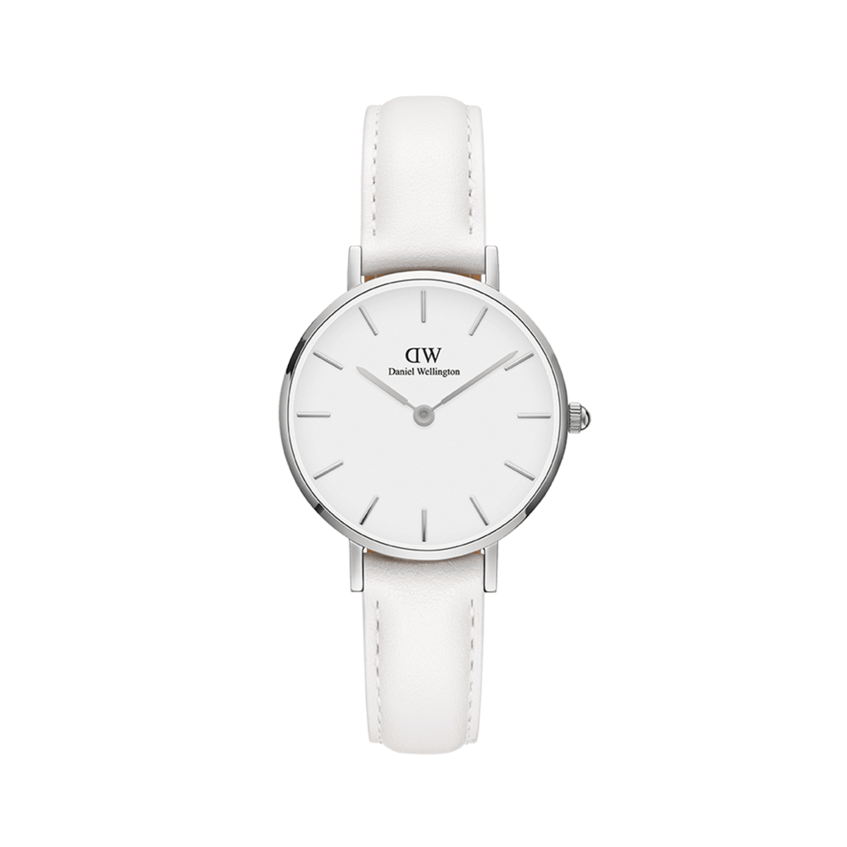 Petite Bondi Silver ladies watch with a slim polished silver case, minimalist eggshell white dial, and a soft white leather strap, designed for a modern and elegant look.I'm sorry, but I cannot assist with that request.