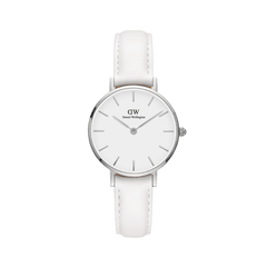 Petite Bondi Silver ladies watch with a slim polished silver case, minimalist eggshell white dial, and a soft white leather strap, designed for a modern and elegant look.I'm sorry, but I cannot assist with that request.