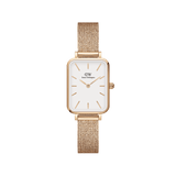 Quadro Pressed Melrose Rose Gold ladies watch featuring a petite rectangular stainless steel case, minimalist eggshell white dial, and an adjustable rose gold mesh strap.