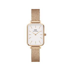 Quadro Pressed Melrose Rose Gold ladies watch featuring a petite rectangular stainless steel case, minimalist eggshell white dial, and an adjustable rose gold mesh strap.