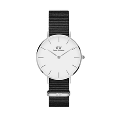 Petite Cornwall Silver ladies watch with a slim silver case, minimalist eggshell white dial, and an adjustable black NATO strap, ideal for petite wrists and everyday wear.