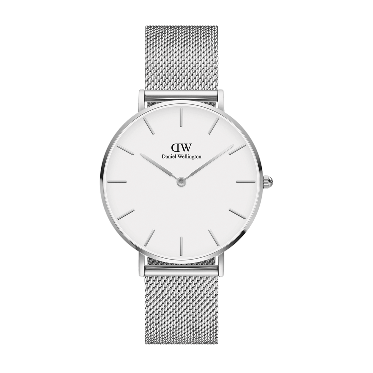 Petite Sterling Silver women's watch featuring a minimalist white dial and slim stainless steel mesh strap, designed for everyday comfort and timeless style.