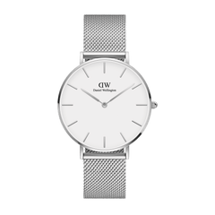 Petite Sterling Silver women's watch featuring a minimalist white dial and slim stainless steel mesh strap, designed for everyday comfort and timeless style.