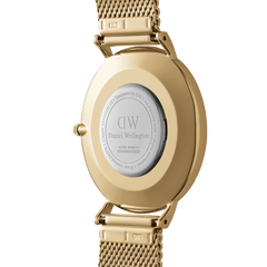 Back view of the Classic Mesh Onyx Gold watch, showing the gold stainless steel case, engraved case back, and mesh strap with secure clasp, highlighting its durable construction and attention to detail.