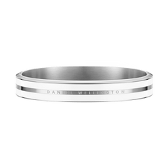 Polished silver bangle with satin white enamel detailing, featuring the Daniel Wellington logo engraved on the front, designed for a minimalist and refined look suitable for both men and women.