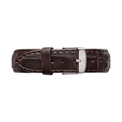 York Strap Silver shown in rich brown crocodile-embossed genuine leather with prominent stitching and a polished silver buckle, highlighting its classic and versatile style for any watch.