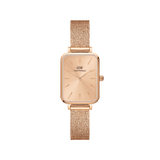 Quadro Pressed Unitone rose gold watch featuring a petite rectangular case, minimalist dial, and a seamless pressed mesh strap, designed for women seeking a refined and versatile accessory for daily wear.