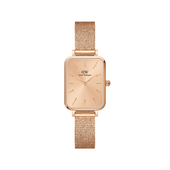 Quadro Pressed Unitone rose gold watch featuring a petite rectangular case, minimalist dial, and a seamless pressed mesh strap, designed for women seeking a refined and versatile accessory for daily wear.