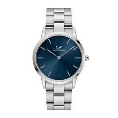 Daniel Wellington Iconic Link Arctic Silver watch with a brushed stainless steel bracelet and a bold blue sunray dial, featuring minimalist silver markers for a modern, versatile look.