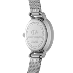 Back view of the Petite Unitone Silver showing the engraved stainless steel case and adjustable mesh strap, highlighting its durable build and refined detailing.