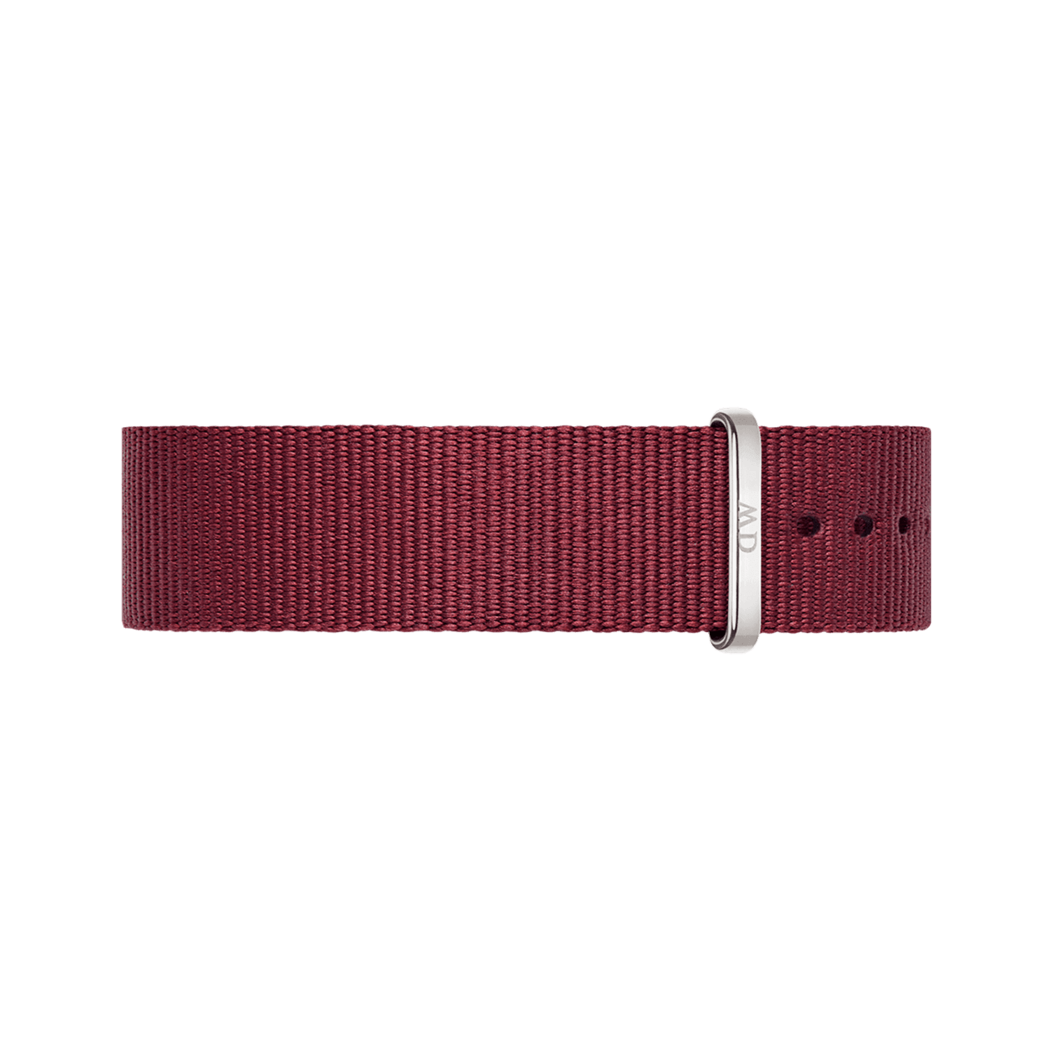 Ruby red Roselyn Strap Silver NATO watch strap with a slim silver buckle, crafted from durable polyester and designed for a comfortable, modern fit.