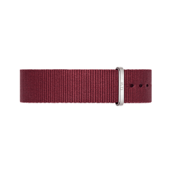 Ruby red Roselyn Strap Silver NATO watch strap with a slim silver buckle, crafted from durable polyester and designed for a comfortable, modern fit.