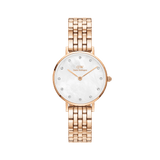 Rose gold ladies watch with a five-link bracelet, featuring a white mother of pearl dial and crystal hour markers, designed for a refined and elegant everyday look.