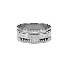 Elevation Ring Silver by Daniel Wellington featuring a wide, polished silver band with geometric textured edges and an engraved centre, designed for a modern and timeless look.