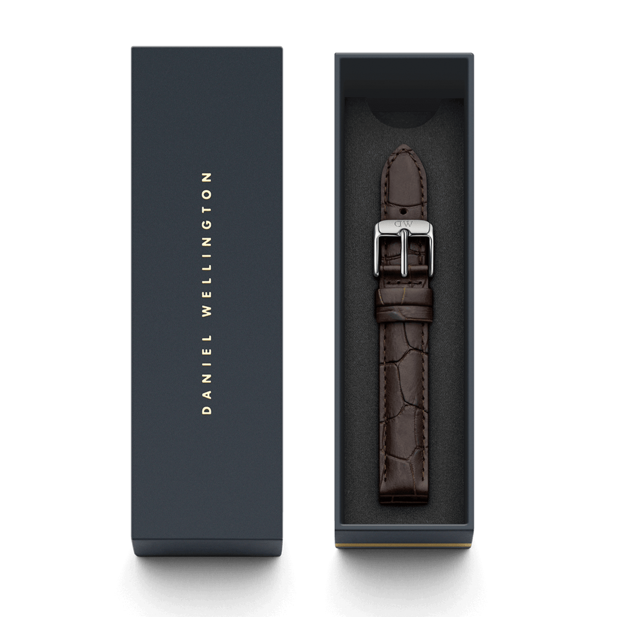 York Strap Silver brown crocodile-embossed leather watch strap with polished silver buckle, presented in a sleek Daniel Wellington gift box for a refined and stylish upgrade.