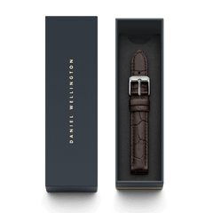 York Strap Silver brown crocodile-embossed leather watch strap with polished silver buckle, presented in a sleek Daniel Wellington gift box for a refined and stylish upgrade.